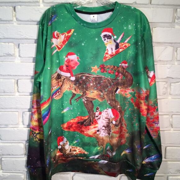 Ugly Christmas Sweater Dino/Cats/Pigs/Pizza themed knit top M - Picture 1 of 5